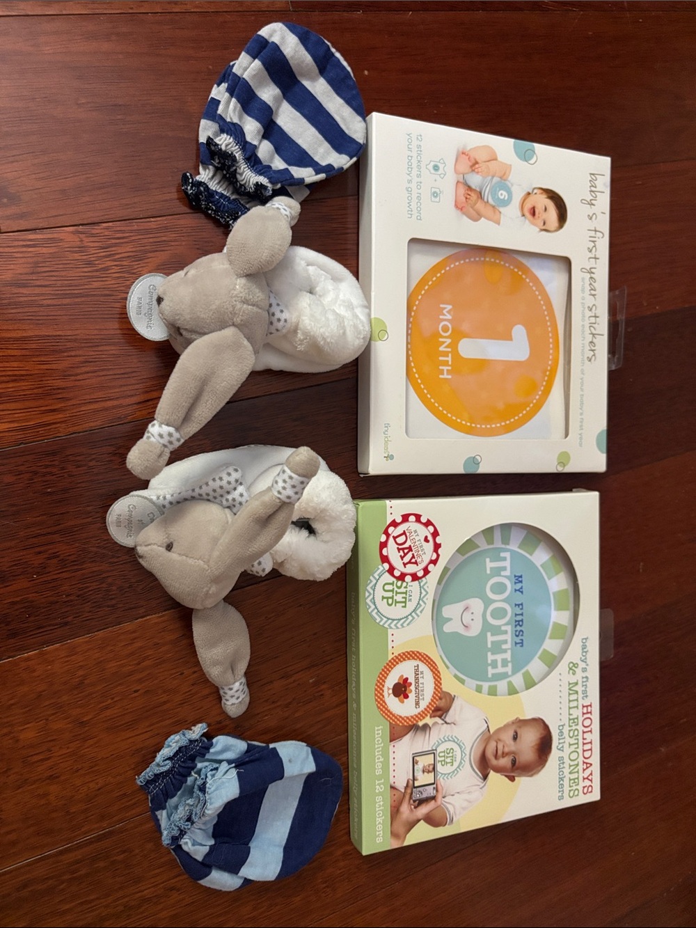 Baby Milestone & First Year Sticker Sets with Plush Rattle slippers & Mittens
